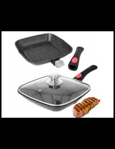 Grillpan 28 cm vierkant met deksel en afneembaar handvat